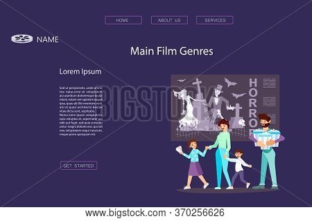 Landing Web Page Template For Movie Premiere. Appy Family Goes To The Cinema With Tickets And Popcor