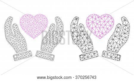 Mesh Vector Valentine Heart Care Hands Icon. Mesh Carcass Valentine Heart Care Hands Image In Lowpol