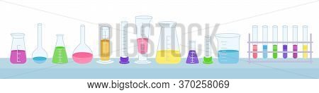 Flask And Beaker, Microscope, Jars. Equipment Lab Science Chemistry, Flat Cartoon Set. Erlenmeyer Fl