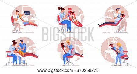 Patient In Dentist Chair. Doctor Specialist Examining Or Treating Patient Teeth Set. People In Chair