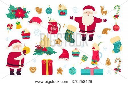 Christmas And New Year Set. Holly, Cupcake, Cup, Hat, Santa And Cookies Gift, Lollipop Candle, Mistl