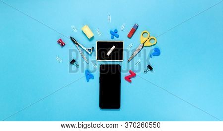 Online Education And Distance Learning Concept Notepad, Pencil Case And Stationery And School Suppli