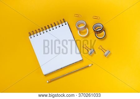 Back To School Concept Notepad, Pencil Case, Stationery And School Supplies. Top Horizontal View Cop