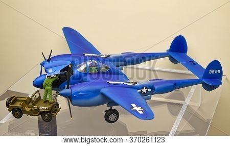 Washington, D.C., USA - November 11, 2017: Model of the Lockheed P-38 Lightning fighter aircraft is displayed in the Smithsonian National Air and Space Museum.