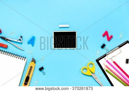 Back To School Concept Notepad, Pencil Case And Stationery And School Supplies. Top Horizontal View 