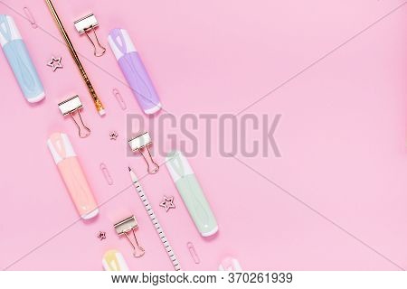 Back To School Concept Notepad, Pencil Case, Stationery And School Supplies. Top Horizontal View Cop