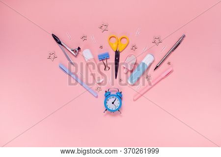 Back To School Concept Notepad, Pencil Case, Stationery And School Supplies. Top Horizontal View Cop
