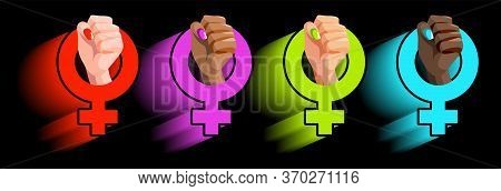 Feminism Flat Symbol With Womans Hands Of Different Race: African, Asian With Fist Raised Up. Female