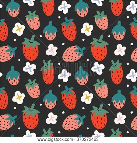 Strawberry Seamless Pattern On Black Background, Fruit Ornament With Hand Drawn Illustration Of Berr