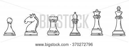 Chess Pieces Black Outline Flat Silhouettes. Game Concept Lineart Stock Vector Set.