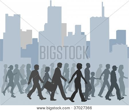 ฝูงชนคนเมืองเดินกันต่อบางสิ่งบางอย่างกับฟ้ากับอาคาร