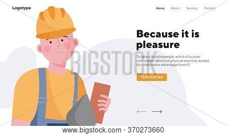 Builder Working At Construction Site. Worker In Helmet Holding Brick And Trowel Flat Illustration. C