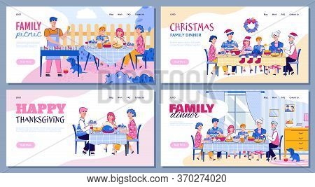Colorful Flat Line Illustrations Of A Happy Family That Eats Sitting At The Table At Home Or Having 