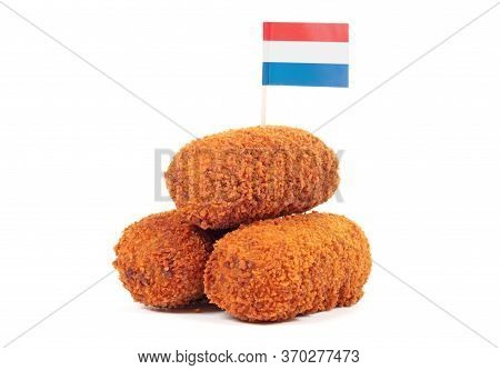 Brown Crusty Dutch Kroketten With Dutch Flag, Isolated On A White Background