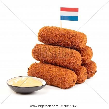 Brown Crusty Dutch Kroketten With Dutch Flag, Isolated On A White Background