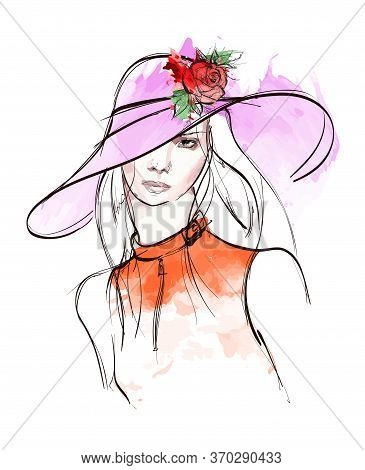 Hand Drawn Beautiful Young Woman With Flower On A Hat. Cute Girl With Long Hair. Sketch. Vector Illu