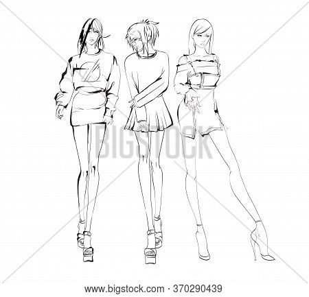 Beautiful Young Women In Modern Style.. Hand Drawn Stylish Woman Portrait. Fashion Lady. Festive Out