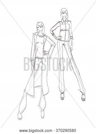 Beautiful Young Women In Modern Style.. Hand Drawn Stylish Woman Portrait. Fashion Lady. Festive Out