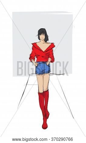 Beautiful Young Woman In Modern Style. Hand Drawn Stylish Woman Portrait. Fashion Lady. Festive Outf