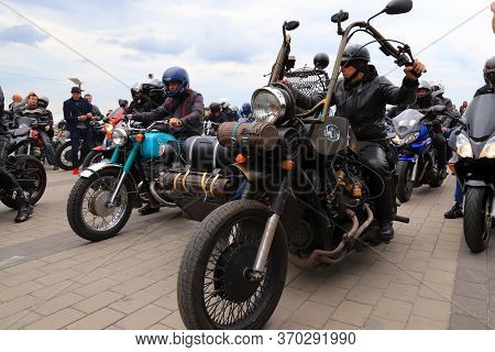 Motorcyclists On Cool Motorbikes, In Helmets And Leather Jackets, Open The Motorcycle Season, Motorc