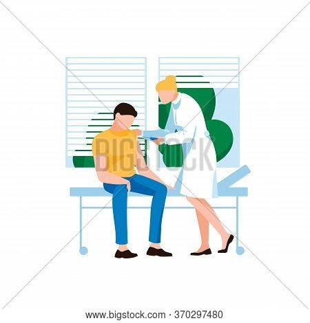 Doctor Injecting Flu Shot Vaccine To Patient Arm. Male Character At Hospital Reception. Concept Of V