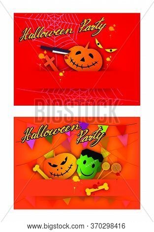 Illustration Set Of Happy Jack-o-lantern Pumpkins And Franken-stein Evil Spooky Background For Hallo