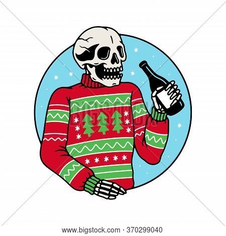Ugly Sweater Party Skeleton With Bottle Color White Background
