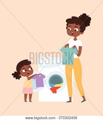Washing Clothing. Parents Children Cleaning House. Happy Afroamerican Daughter And Mother With T-shi