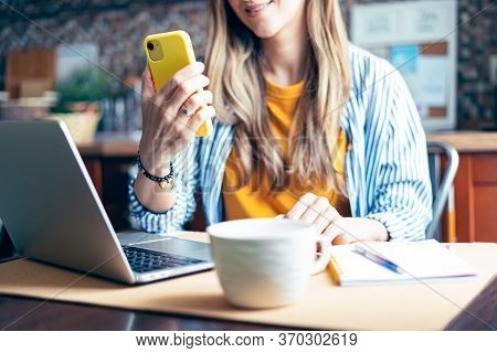 Distance Learning Online Education And Work. Business Woman Having A Facetime Video Call. Happy And 