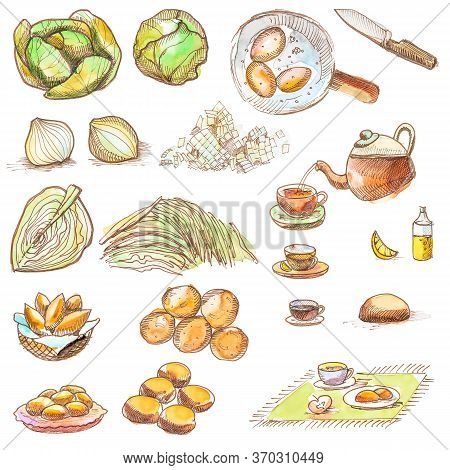 A Set Of Drawings For The Preparation Of Pies With Cabbage: Vegetables, Knife, Onions, Eggs, Pies, T
