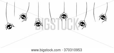 Cute Black Spiders Dangle And Swing On The Web. Hand Drawn. Halloween Vector Background Frame.