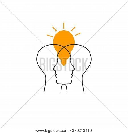 Two Profiles And Lamp Icon. Empathy, Psychology Of Logo. Line Vector Sign