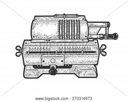 Arithmometer Digital Mechanical Calculator Sketch Engraving Vector Illustration. T-shirt Apparel Pri