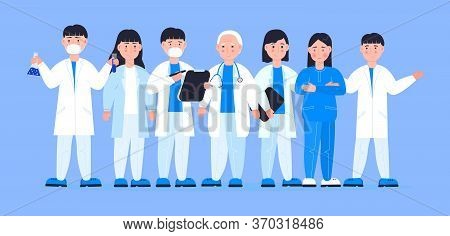 Doctors Together Concept Vector. Front-liners Are Fighting Against Virus, Illness. Therapist, Surgeo