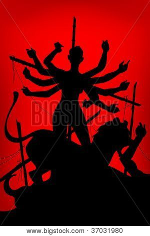 illustration of sculpture of goddess Durga killing Mahishasura