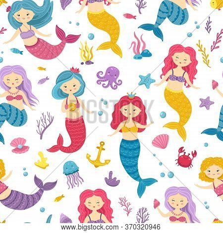 Mermaid Pattern. Printable Underwater Mermaids Background. Cute Nursery Print With Ocean Princesses.