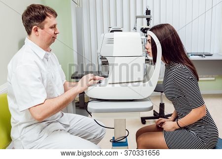 Eye Tonometry. Non-contact Tonometer. Glaucoma Checkup. Modern Equipment.