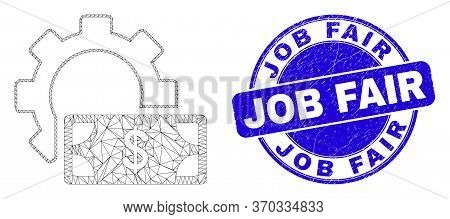 Web Carcass Financial Settings Gear Icon And Job Fair Seal Stamp. Blue Vector Round Scratched Seal S