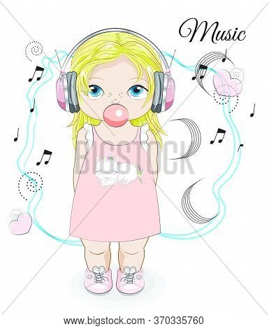 Baby Girl In Earphones, Headphones With Bubblle Gum, Unicorn Print And Notes. Picture In Hand Drawin
