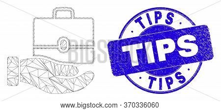 Web Mesh Hand Offer Case Pictogram And Tips Seal. Blue Vector Round Textured Seal With Tips Caption.