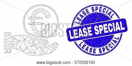 Web Carcass Hand Offfer Euro Coin Icon And Lease Special Seal Stamp. Blue Vector Rounded Grunge Stam