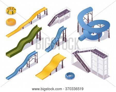 Isometric Set Of Water Slides And Tubes, Aquapark Equipment. Swimming Pool And Stairs In Various Col