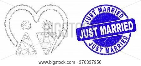 Web Carcass Married Persons Pictogram And Just Married Seal Stamp. Blue Vector Rounded Scratched Sta