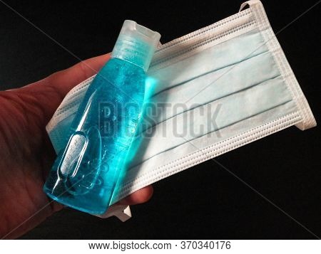 Hygiene Mask And Disinfection Fluid. Coronavirus Protection Set. Prevention Of Sars-cov-2 Infection.