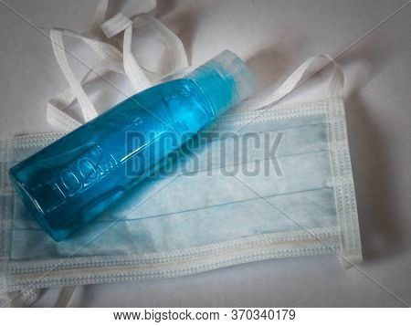 Antibacterial Fluid And Mask. Coronavirus Protection Kit. Hygiene Is Very Important To Avoid Infecti