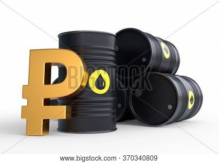 Barrel of oil and golden ruble sign on a white background. Oil prices inflation. 3D rendering illustration