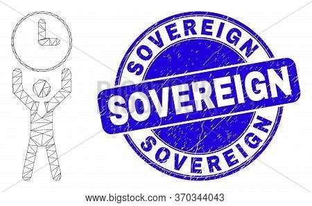 Web Mesh Time Manager Icon And Sovereign Stamp. Blue Vector Round Distress Seal Stamp With Sovereign