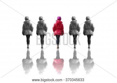 Abstract Photo Of Girl In Red Jacket From Back Between Black And White Images Of Same Girl Isolated 