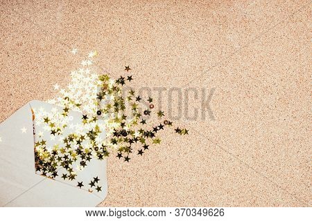 Gift Envelope With Confetti Stars On Suberic Background. Festive Holiday Background. Celebration Con