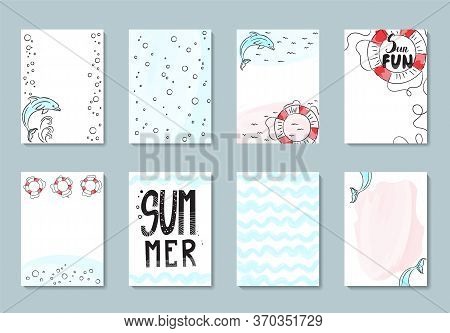 Summer Set Of 8 Redy-to-use Cards With Fun Elements, Hand Drawn Lettering And Textures Kit.